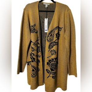 NWOT Women’s Camel Colored Long Sleeve Sweater Cardigan with Black Floral Design